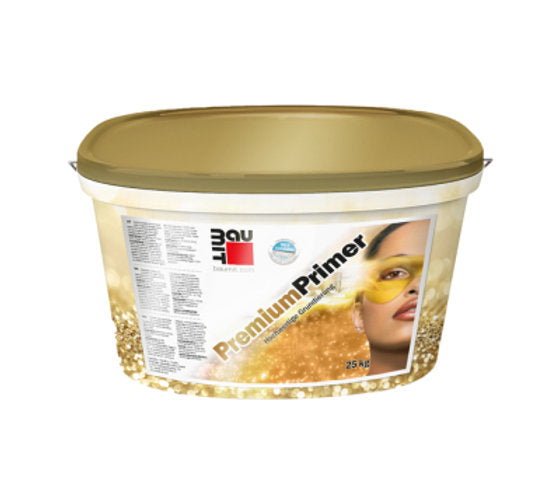 A bucket of Baumit Premium Primer DG27 with a yellow lid and label featuring an image of a person's face.