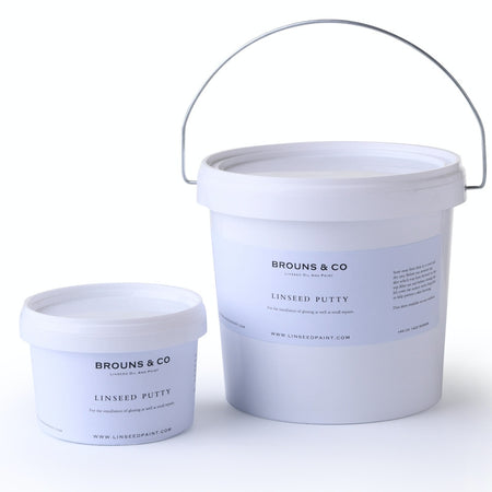 Two containers of Brouns & Co Linseed Putty on a white background