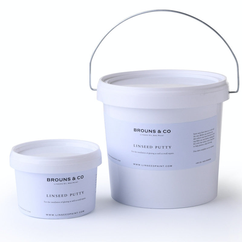 Two containers of Brouns & Co Linseed Putty on a white background
