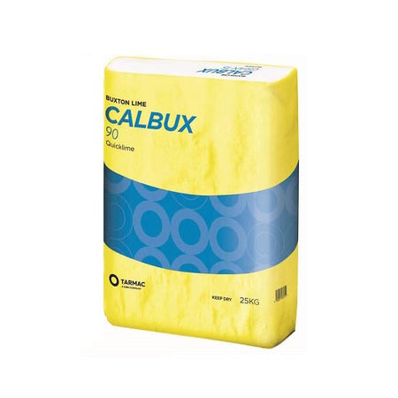 Yellow and blue bag of Calbux lime quicklime on a white background