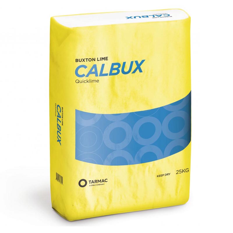 Yellow bag of Calbux quicklime with blue accents on a white background