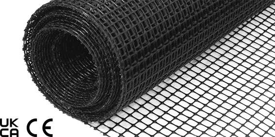 Roll of black mesh material with certification logos at the bottom.