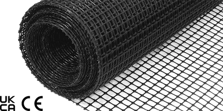 Roll of black mesh material with certification logos at the bottom.