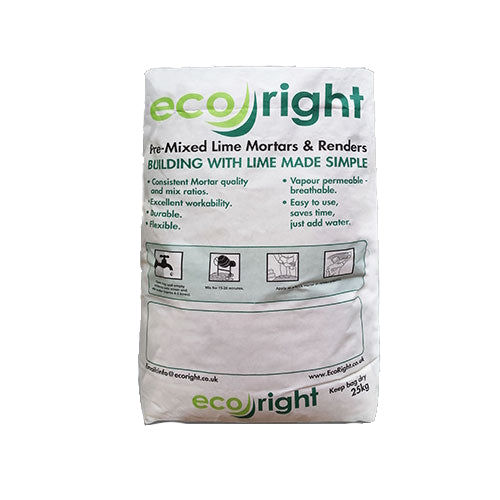 A package of EcoRight hydraulic lime mortar mix, with branding and product information printed on the front.