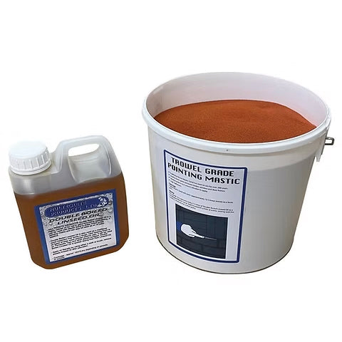 Bucket of painting mastic and a bottle with labels on a white background