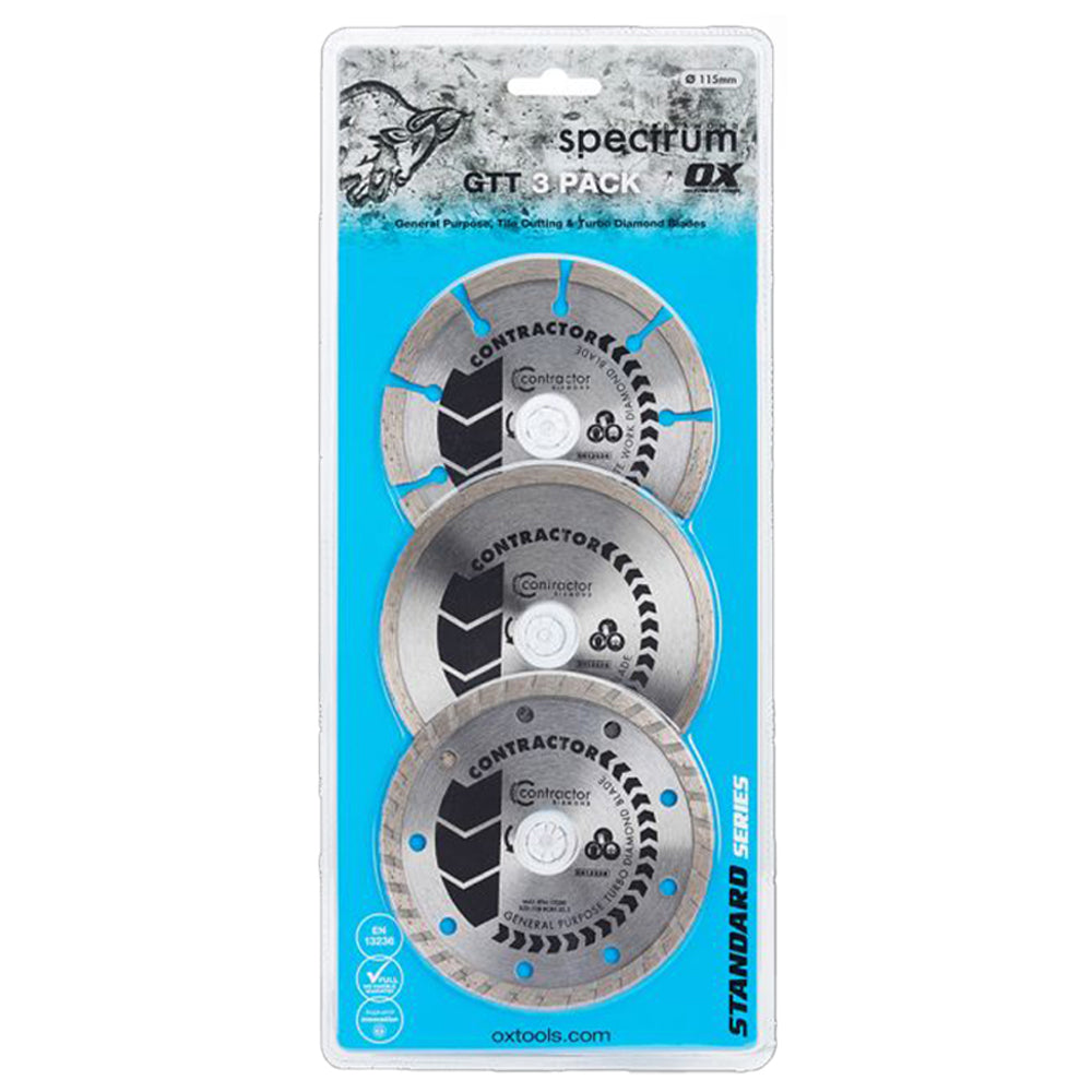 Packaging of three circular saw blades with 'Spectrum' branding on a white background