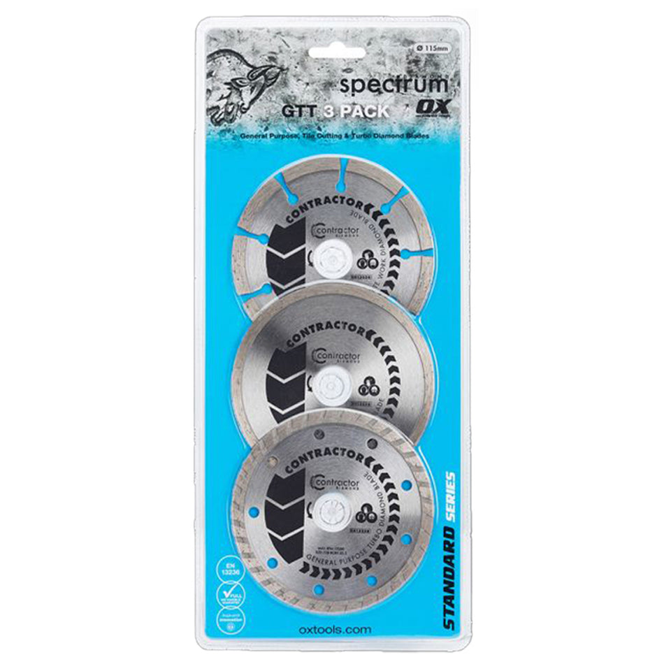 Packaging of three circular saw blades with 'Spectrum' branding on a white background