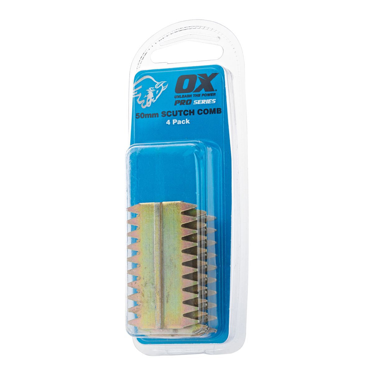 A pack of OX Pro Scutch Combs, containing four combs in total, displayed in a blue plastic packaging with a product label.