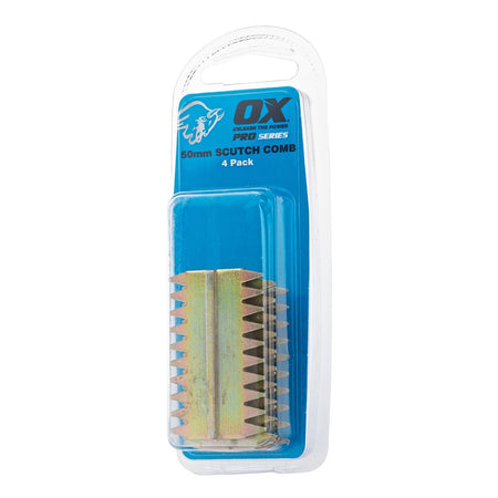 A pack of OX Pro Scutch Combs, containing four combs in total, displayed in a blue plastic packaging with a product label.
