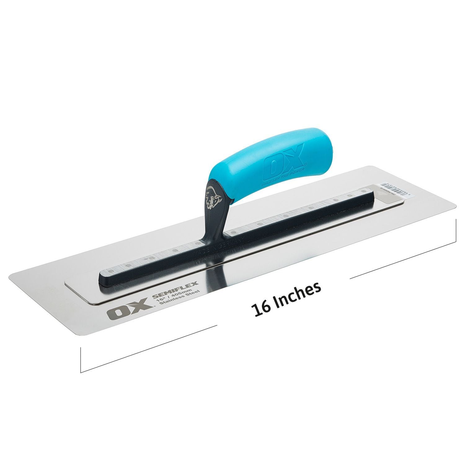 A 16 inch stainless steel semi flexible finishing trowel with a blue ergonomic handle and rounded corners.