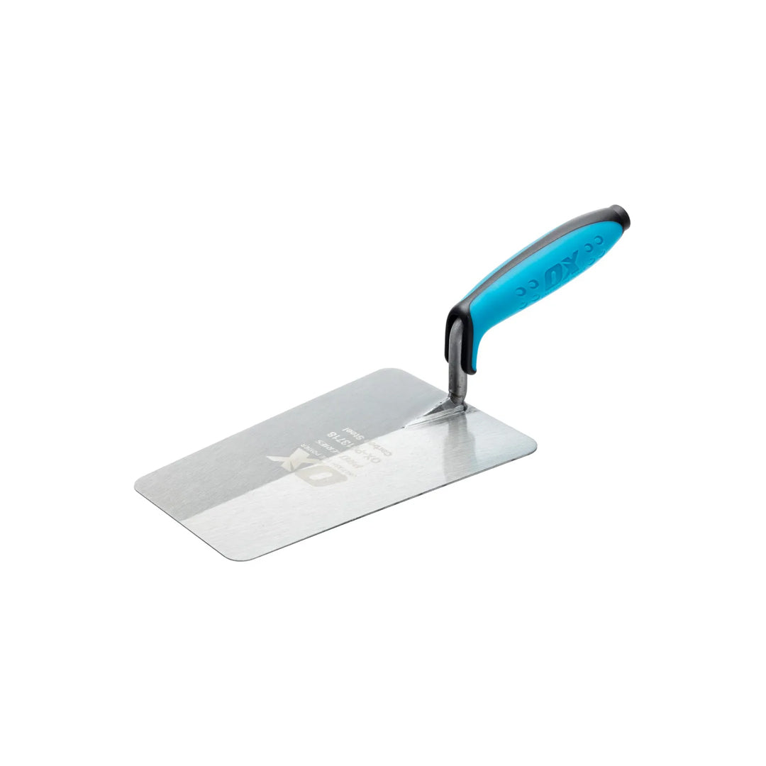 A square front trowel with a blue handle and a silver-colored blade, marked with the OX brand name.