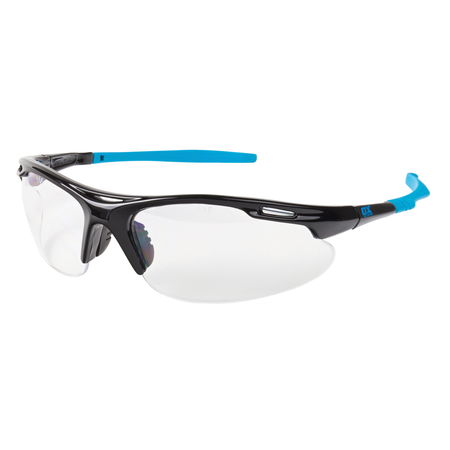 A pair of OX Pro wrap-around safety glasses with a black frame, blue accents, and clear lenses.