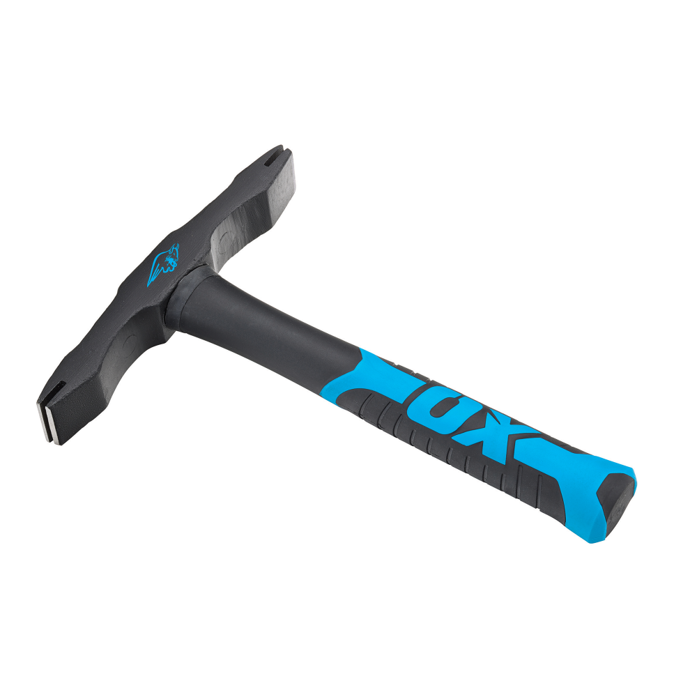 A black and blue OX Trade Double End Scutch Hammer with a fibreglass handle and steel head.