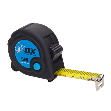 A black and blue OX Trade Tape Measure with a yellow nylon-coated steel blade extended, indicating 5 meters / 16 feet of length.