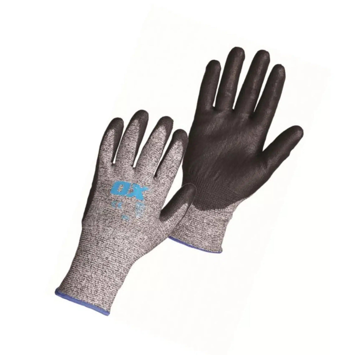 Pair of gray and black gloves with a brand logo on a white background