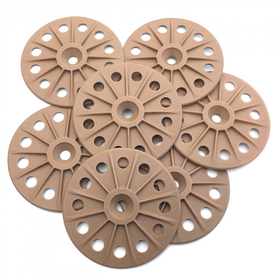 A collection of brown polypropylene fastener washers designed for securing Savolit Plus wood wool boards.