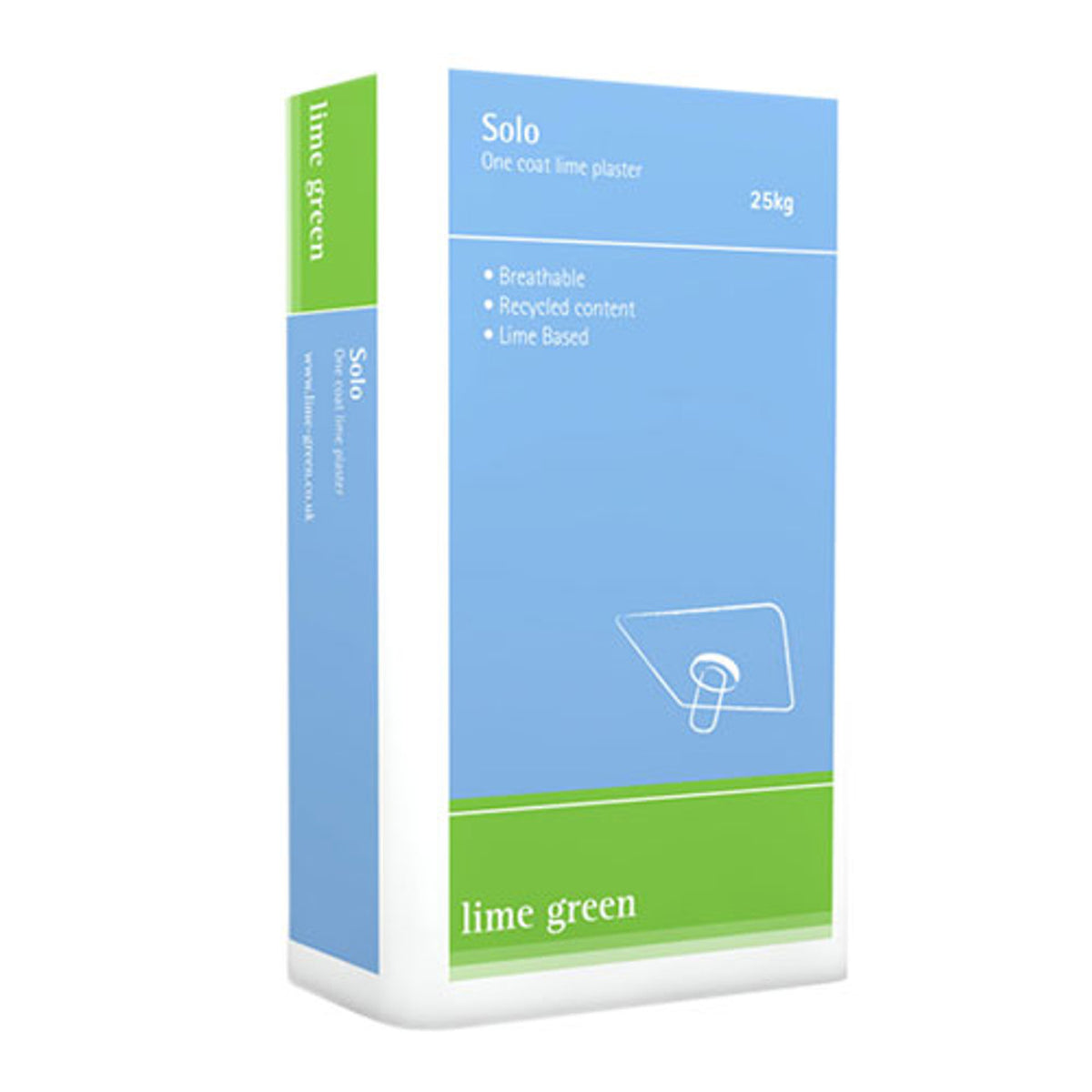 A package of Lime Green Solo onecoat lime plaster in a 25kg bag, with product information and branding visible.
