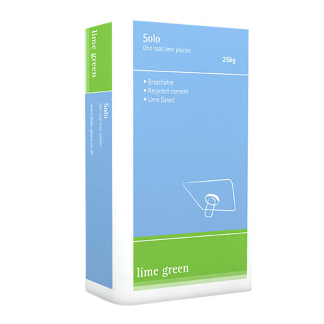 A package of Lime Green Solo onecoat lime plaster in a 25kg bag, with product information and branding visible.