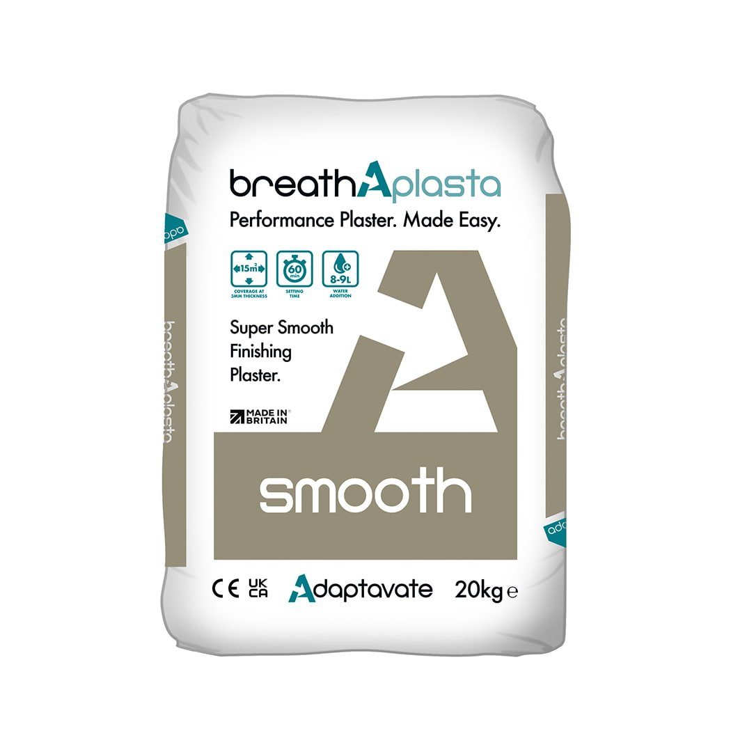 A package of Adaptavate Breathaplasta Smooth, a performance plaster designed for creating smooth, insulated finishes on solid walls.
