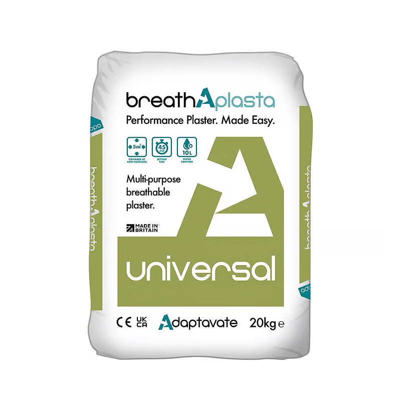 A package of Adaptavate Breathaplasta Universal multipurpose breathable plaster in a 20kg bag.