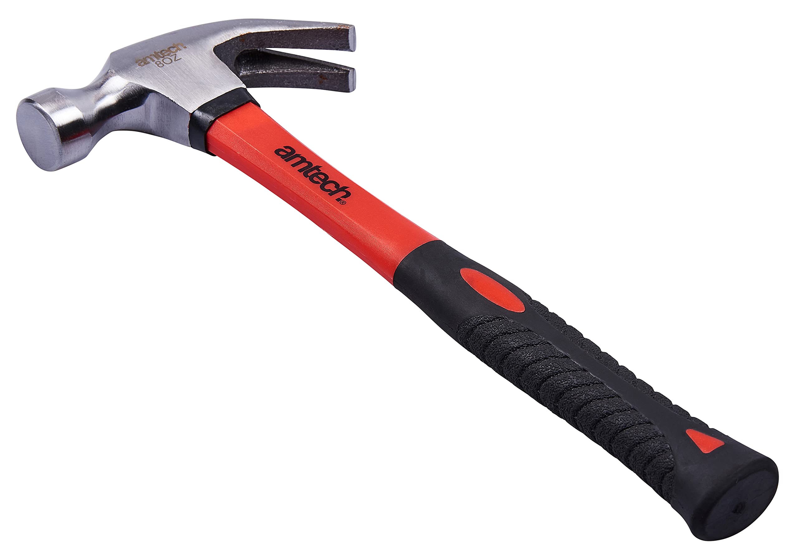 Hammer with red and black handle on a white background