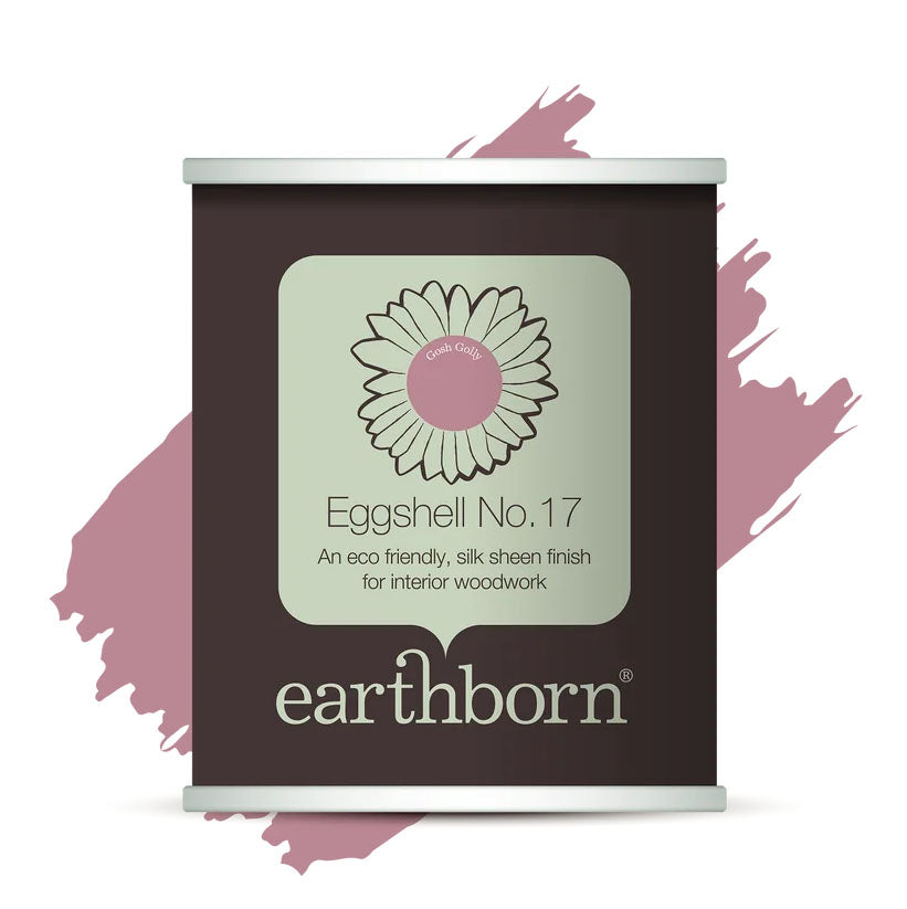 A single can of earthborn Eggshell No. 17 eggshell finish lacquer for interior woodworking, shown on a white background with a dusty pink paint stroke behind it.