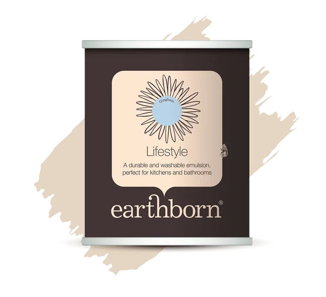 visual of earthborn lifestyle 2.5l paint can on a white background with a paint swish in the background