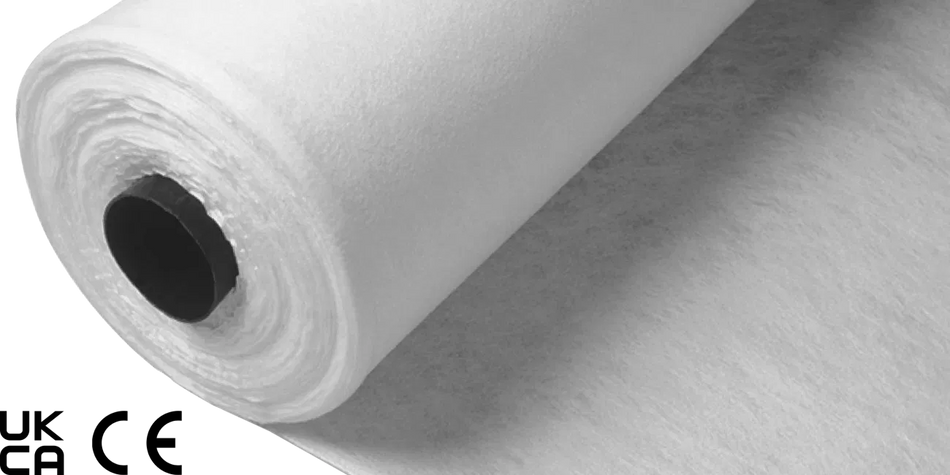Roll of white fabric with visible brand logos on a light gray background
