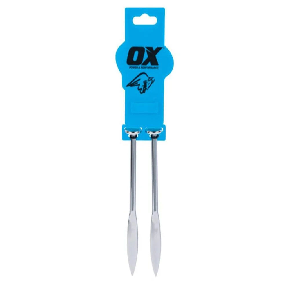 Two metal skewers with a blue packaging label featuring 'OX' branding on a white background.