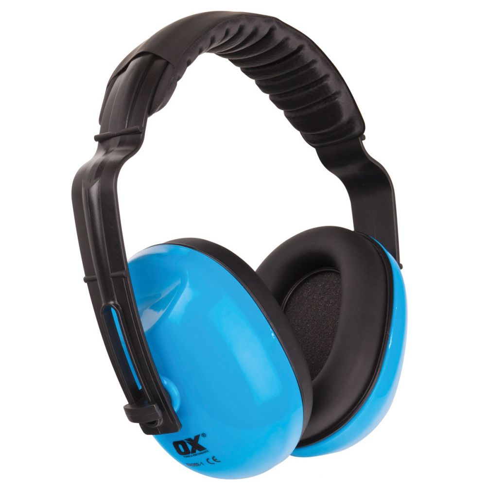 Blue ear protectors with black straps on a white background