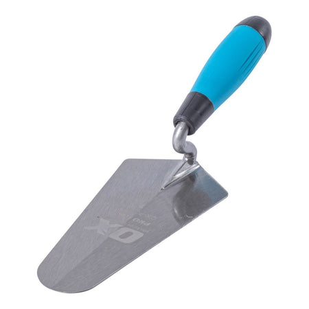 Trowel with blue handle on a white background