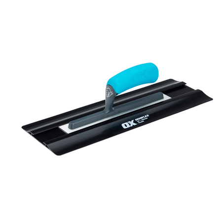 A black OX Pro Semi Flex Plastic Trowel with a blue ergonomic soft grip handle and a silver removable metal shank.