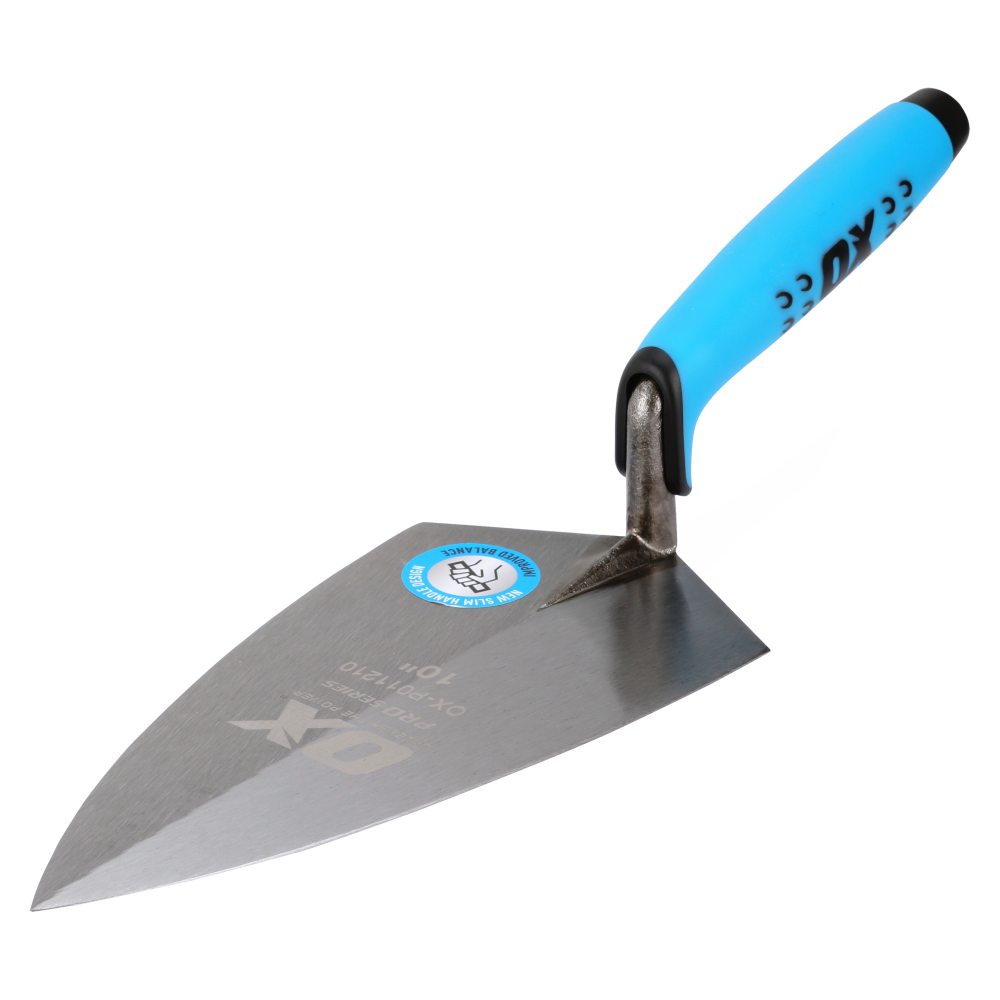 A right-handed OX Pro Philadelphia Pattern Brick Trowel with a solid forged steel blade and a blue ergonomic DURAGRIP handle with integrated finger protection.
