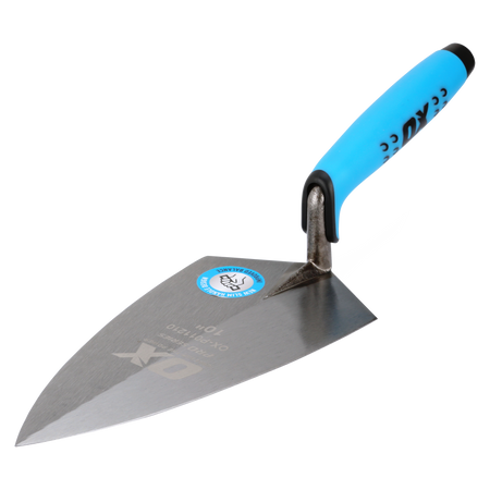 A right-handed OX Pro Philadelphia Pattern Brick Trowel with a solid forged steel blade and a blue ergonomic DURAGRIP handle with integrated finger protection.