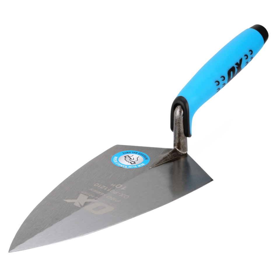 A right-handed OX Pro Philadelphia Pattern Brick Trowel with a solid forged steel blade and a blue ergonomic DURAGRIP handle with integrated finger protection.