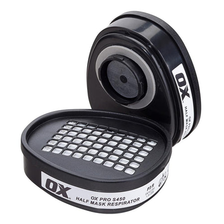 OX half mask respirator filter with open lid on a white background