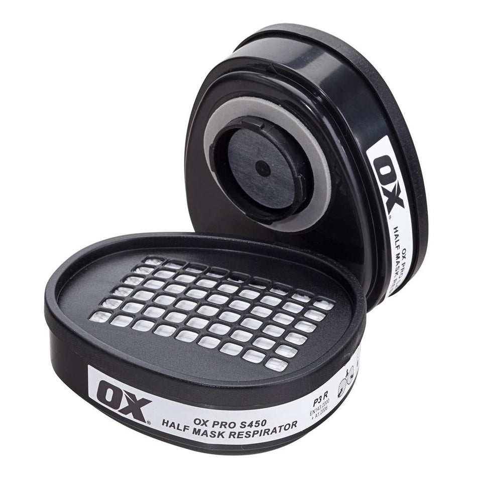 OX half mask respirator filter with open lid on a white background