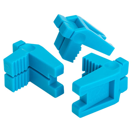Three blue plastic clips on a white background