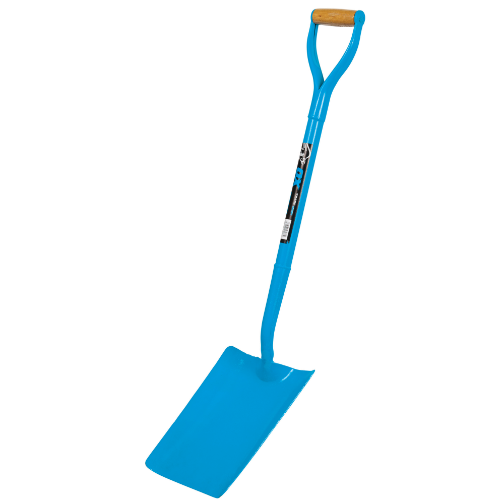 Blue shovel with a wooden handle on a white background
