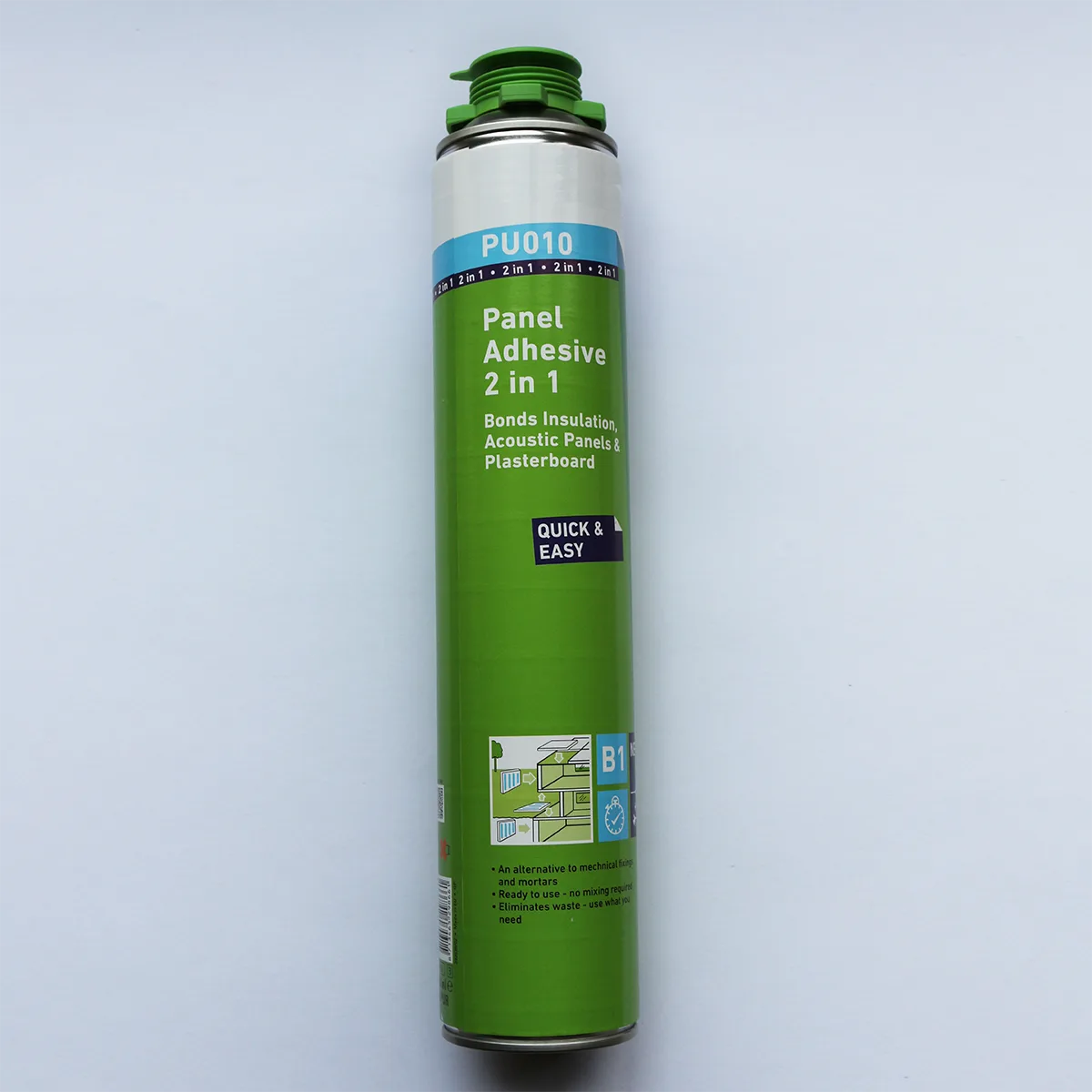 A 750ml green tube of P010 adhesive for bonding Savolit Plus Wood Wool Boards, with label information and branding.
