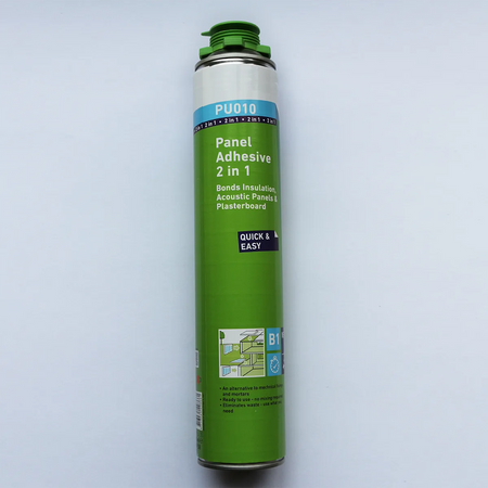A 750ml green tube of P010 adhesive for bonding Savolit Plus Wood Wool Boards, with label information and branding.