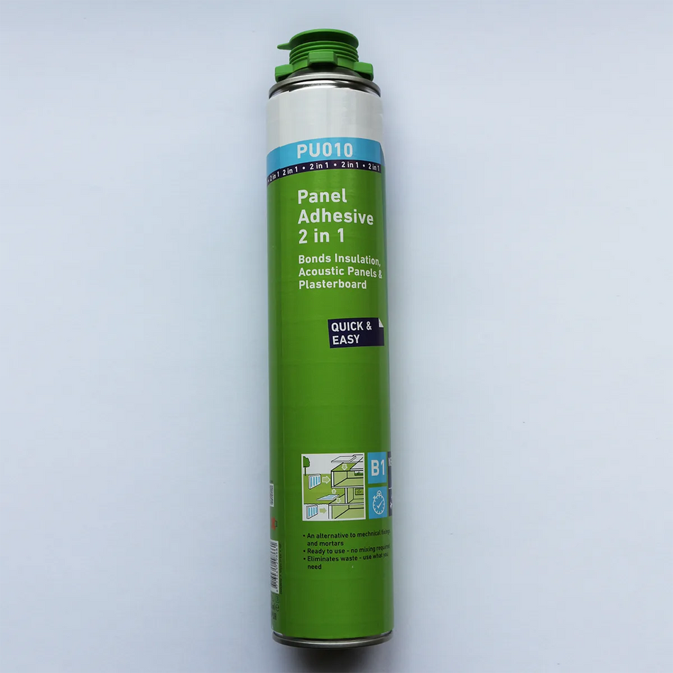 A 750ml green tube of P010 adhesive for bonding Savolit Plus Wood Wool Boards, with label information and branding.