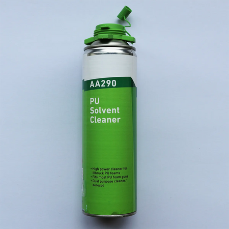 Green can of PU Solvent Cleaner with white label on a light blue background