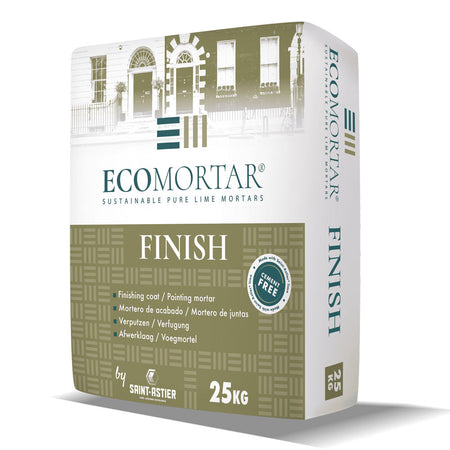 Box of Ecomortar Finish lime mortars with architectural illustration on a white background