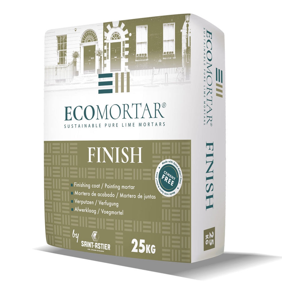 Box of Ecomortar Finish lime mortars with architectural illustration on a white background