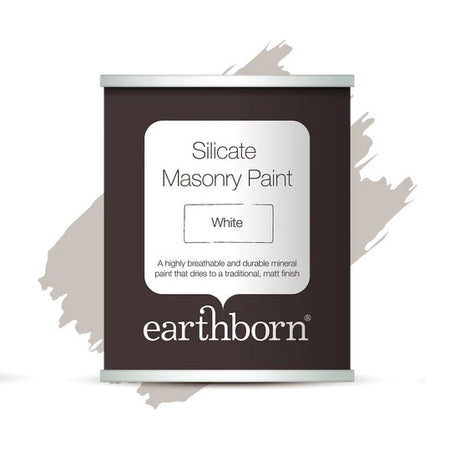 A can of earthborn Silicate Masonry Paint in White, shown on a white background with a light gray paint stroke graphic behind it.