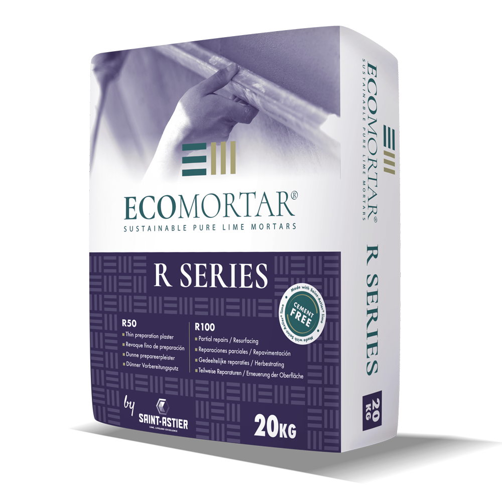 Box of Ecomortar R Series lime mortars on a white background