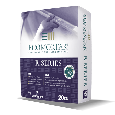 Box of Ecomortar R Series lime mortars on a white background