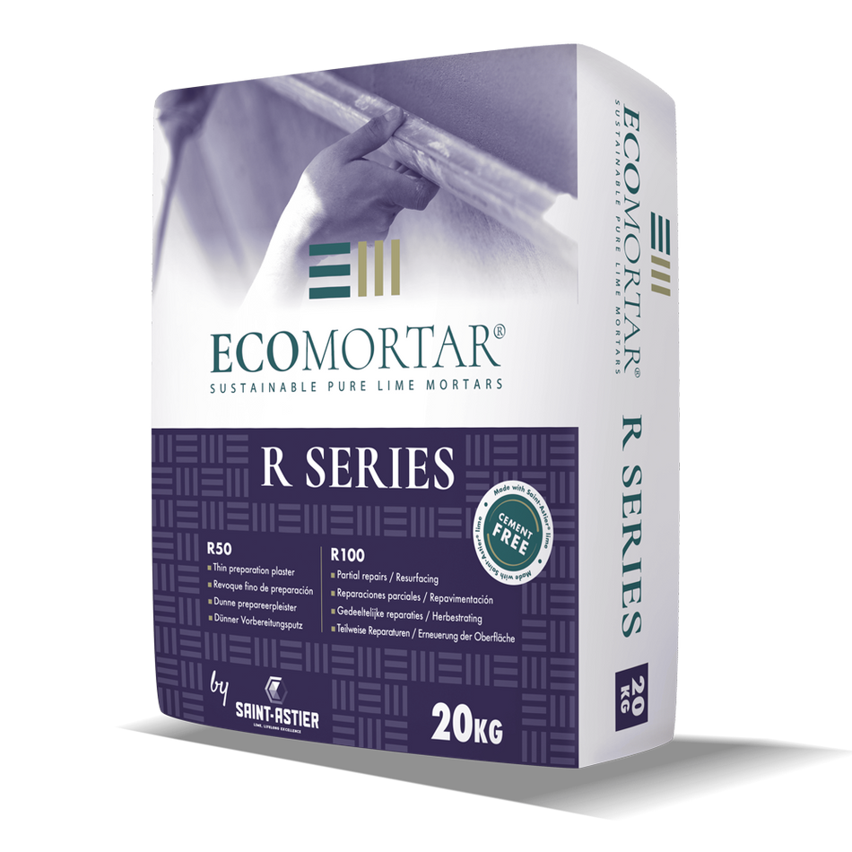 Box of Ecomortar R Series lime mortars on a white background