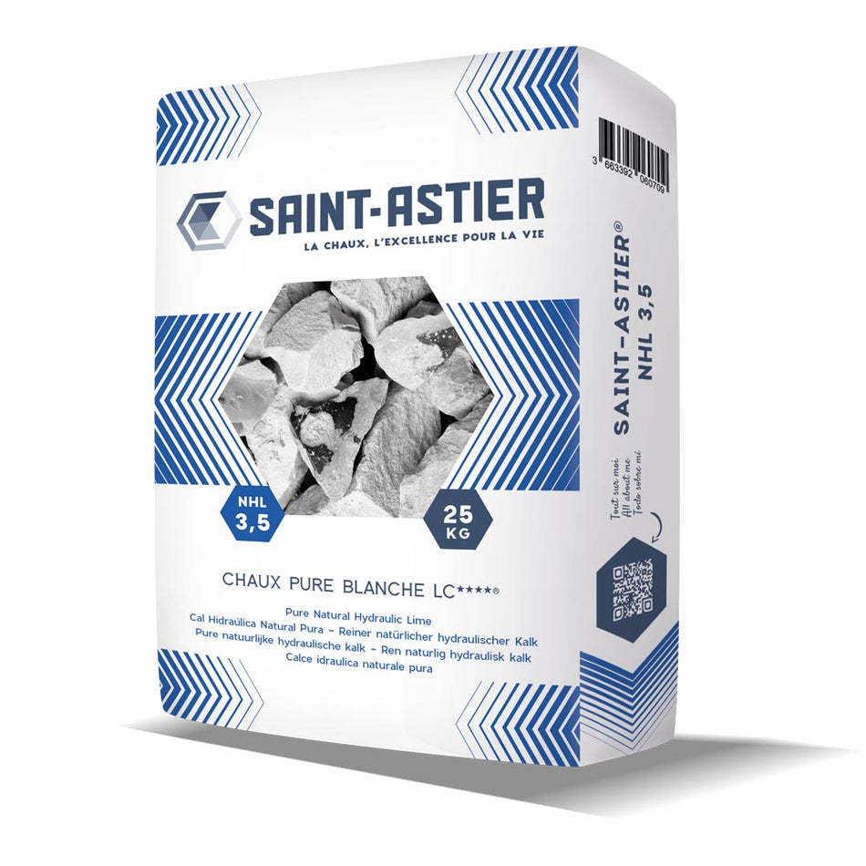 Saint-Astier lime NHL 3.5 packaging with blue and white design on a white background